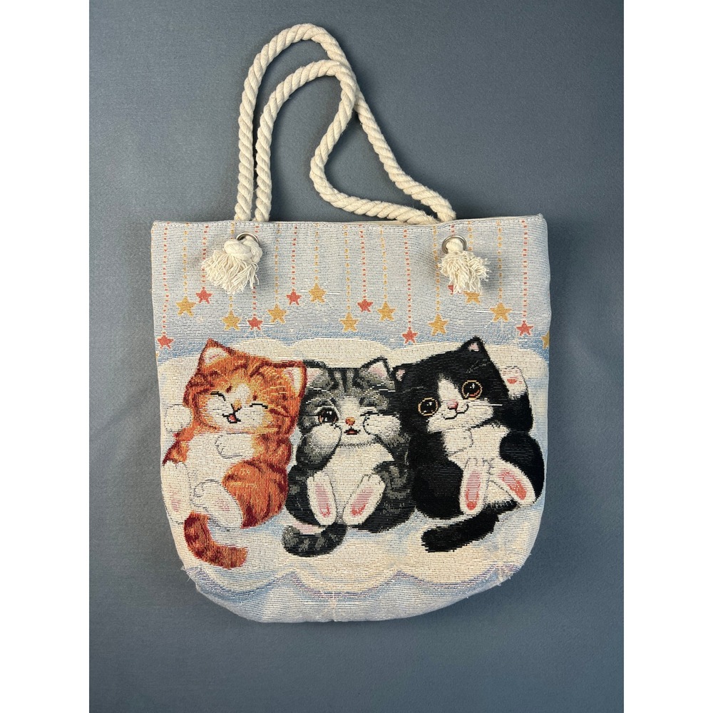 Cat Lover Tote Bag Kittens Rope Handle Beach Tote Lined Zip Closure Large Purse
